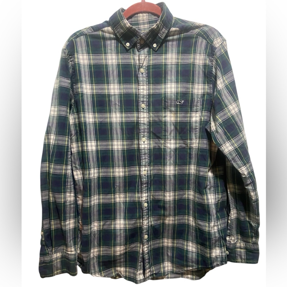 Vineyard Vines Men's Green Blue Plaid Button-Down Collared Shirt Size Medium